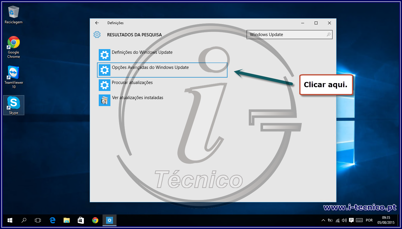 Clicar em "Opções Avançadas do Windows Update"