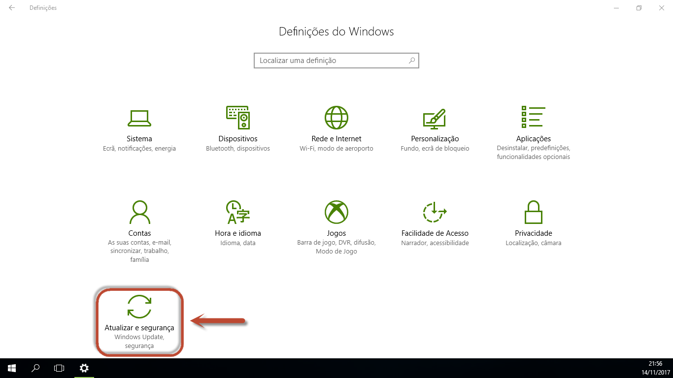 Definições - Atualizar e segurança - Windows 10