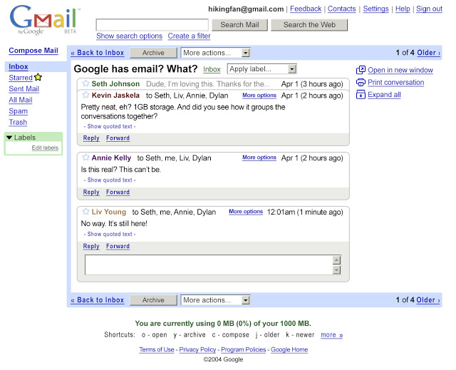 GMAIL: Interface do Utilizador (UI) em 2004