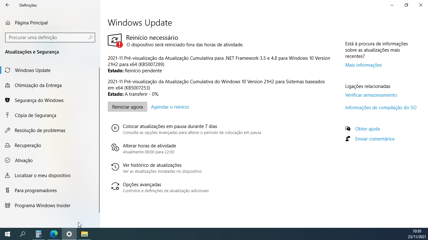 Windows 10 - Definições - Atualizações e Segurança - KB5007253 2021-11-23_10-30-22
