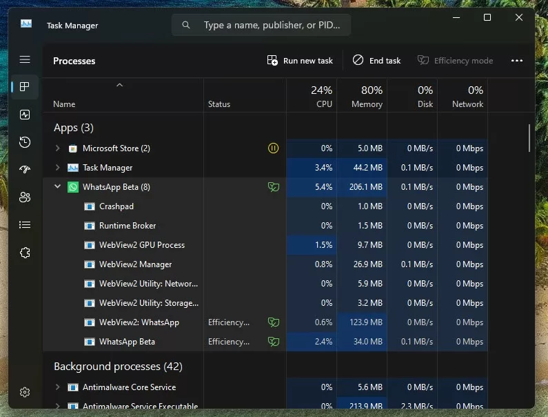 WhatsApp para Windows - Consumo de Memória RAM