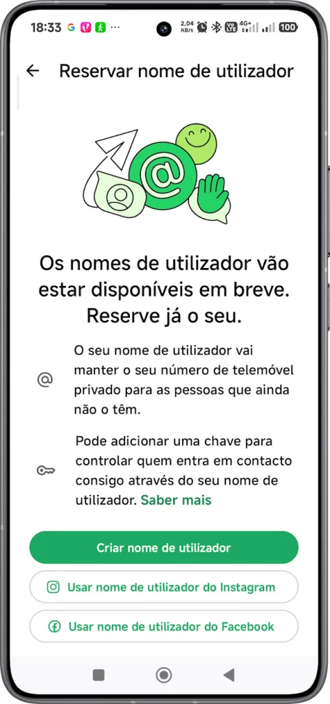 Ecrã (tela) que permite criar no WhatsApp o nome de utilizador (usuário) através do Facebook ou Instagram. Pode também criar o seu próprio nome.