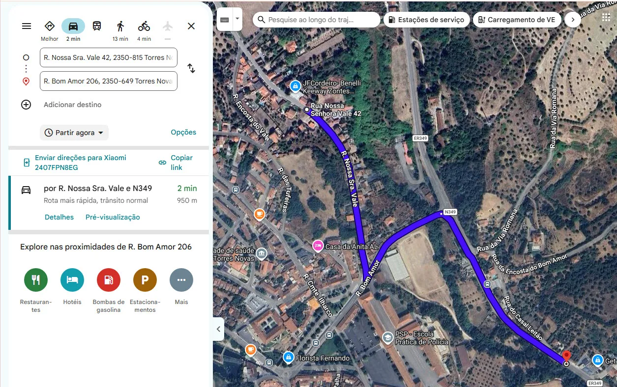 Percurso sugerido pelo Google Maps entre a Rua de Nossa Senhora do Vale e a Rua do Bom Amor, em Torres Novas