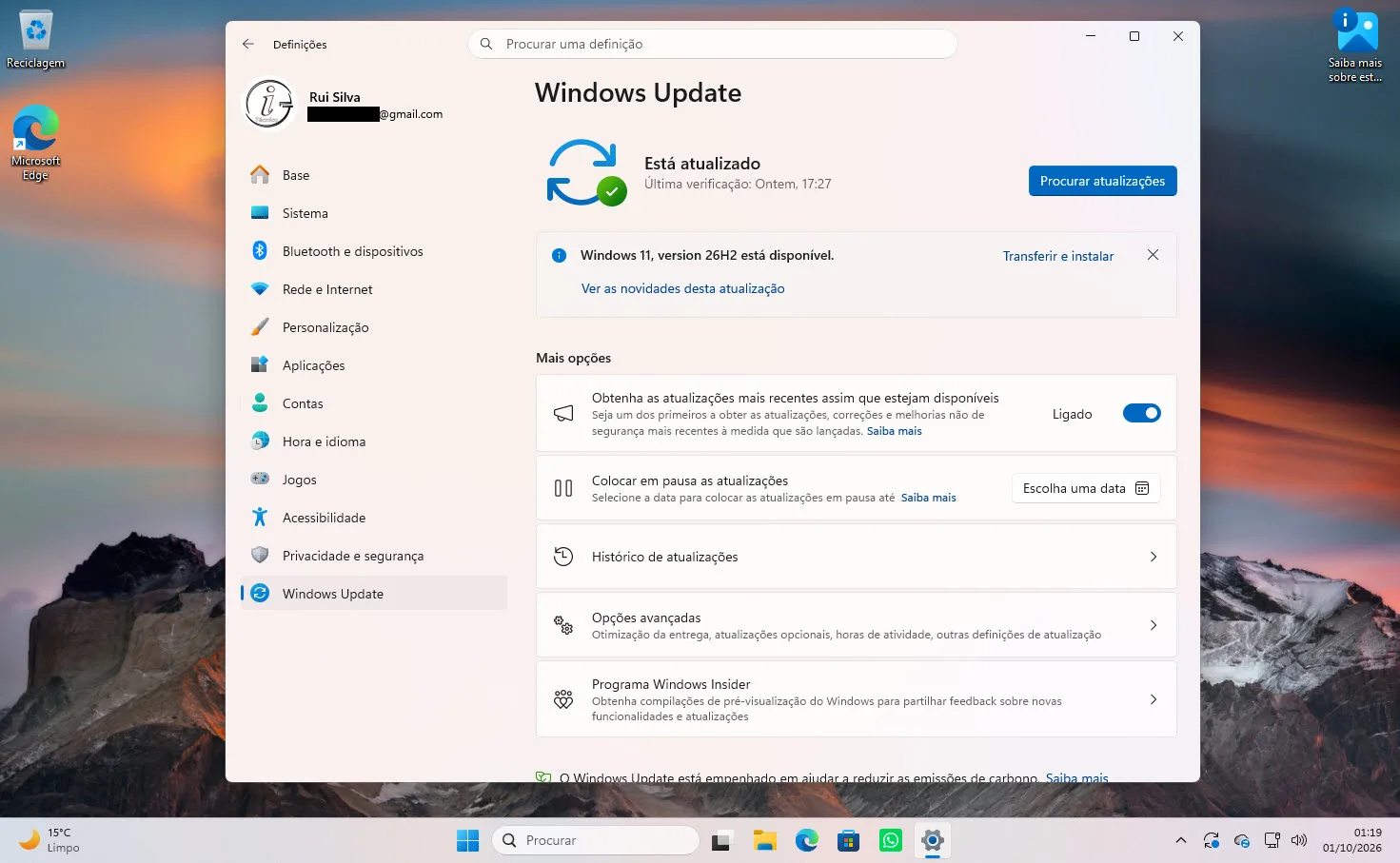Windows Update a mostrar a actualização para o Windows 11 26H2 disponível.